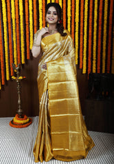Golden Brocade Tissue Kanjivaram Silk Saree With Blouse Piece - Adi Akshoy & Co.
