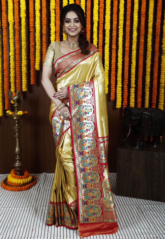 Golden with Red Minakari Border Tissue Kanjivaram Silk Saree With Blouse Piece - Adi Akshoy & Co.
