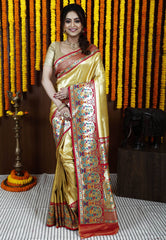 Golden with Red Minakari Border Tissue Kanjivaram Silk Saree With Blouse Piece - Adi Akshoy & Co.