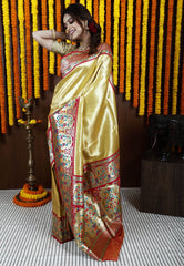 Golden with Red Minakari Border Tissue Kanjivaram Silk Saree With Blouse Piece - Adi Akshoy & Co.
