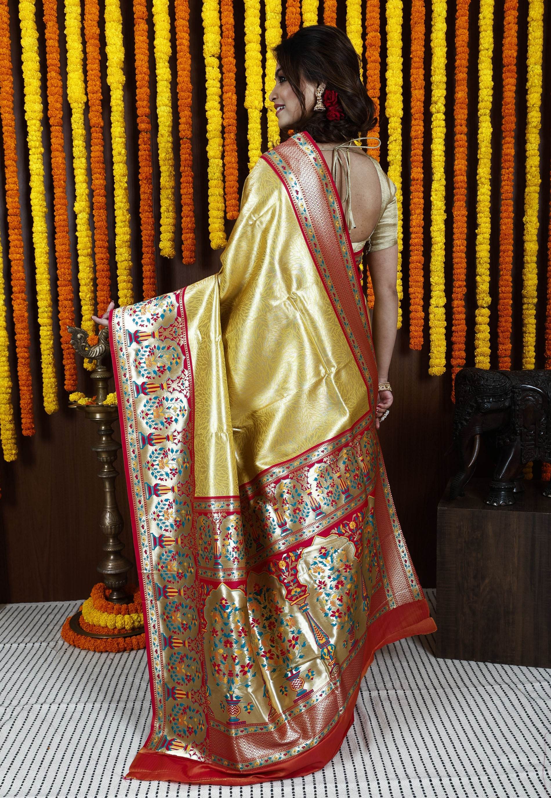 Golden with Red Minakari Border Tissue Kanjivaram Silk Saree With Blouse Piece - Adi Akshoy & Co.
