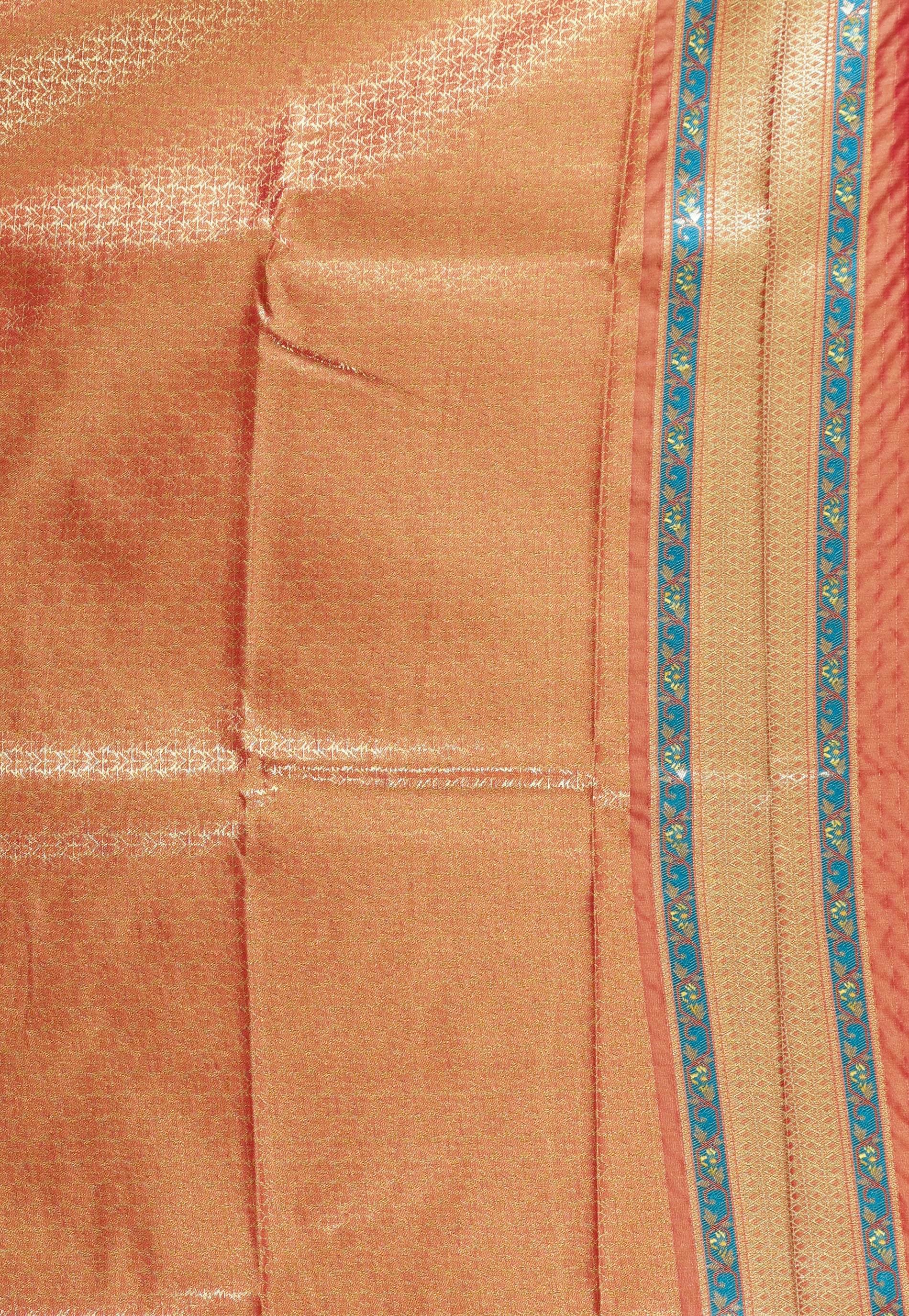 Golden with Red Minakari Border Tissue Kanjivaram Silk Saree With Blouse Piece - Adi Akshoy & Co.