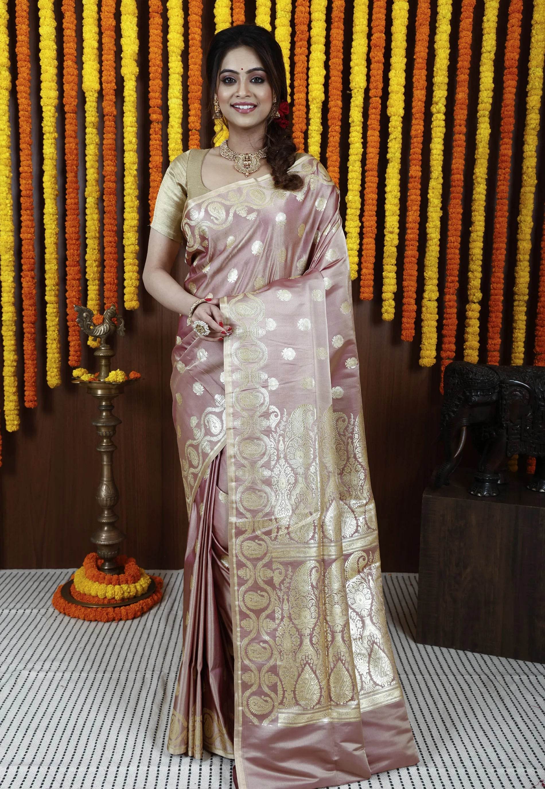 Neutral Beige Pastel Banarasi Silk Saree With Blouse Piece - Adi Akshoy & Co.