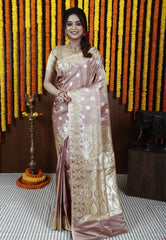 Neutral Beige Pastel Banarasi Silk Saree With Blouse Piece - Adi Akshoy & Co.