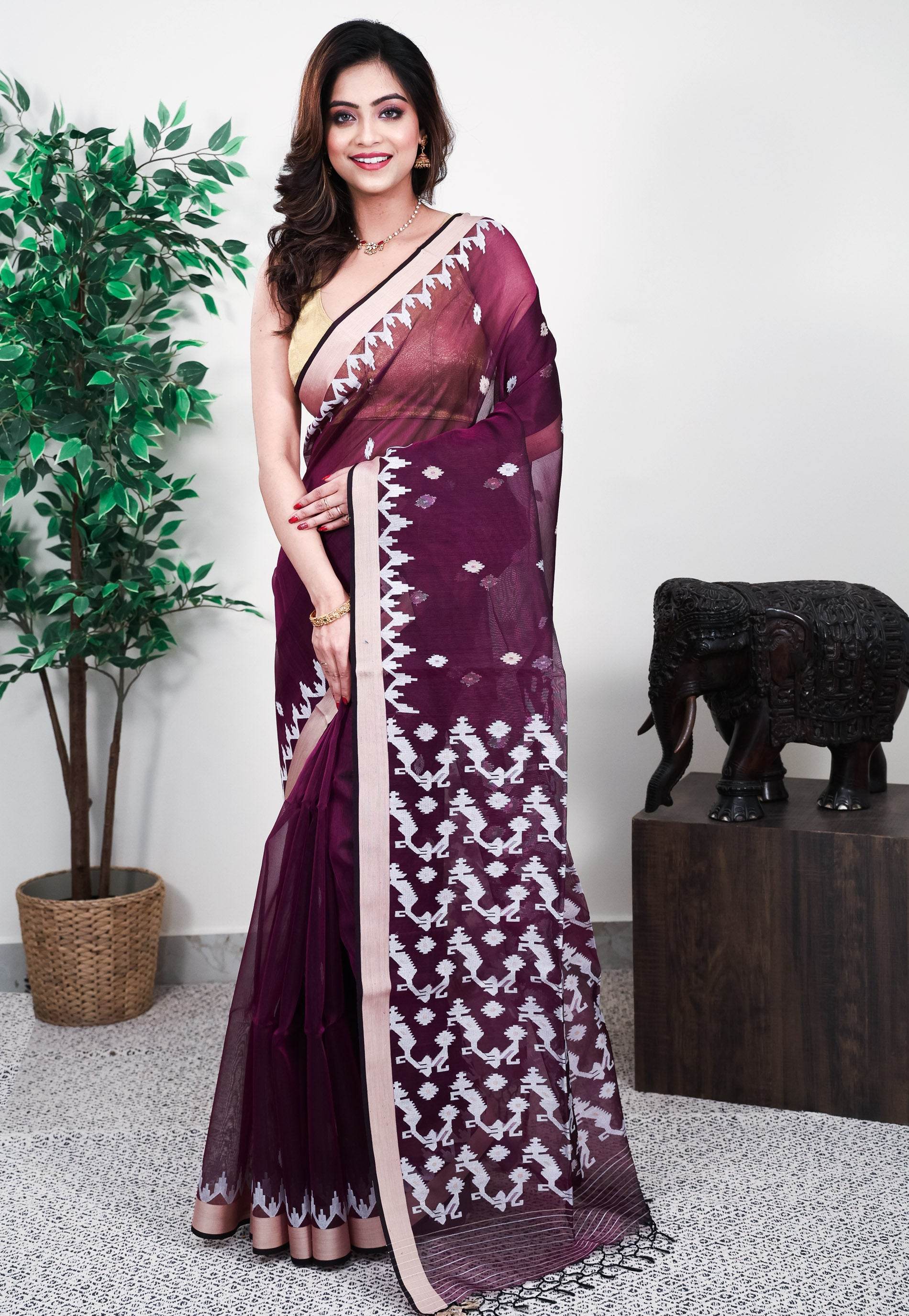 Purple Kora Silk Saree With Blouse Piece - Adi Akshoy & Co.