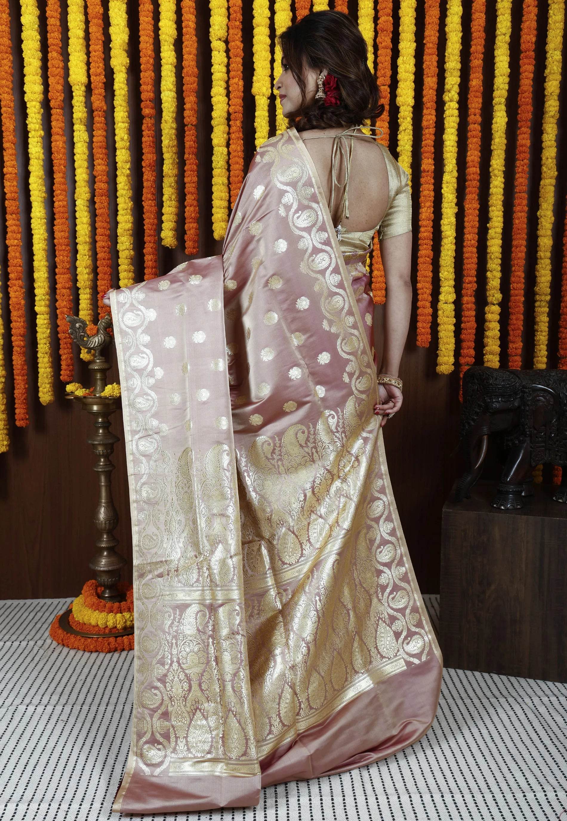 Neutral Beige Pastel Banarasi Silk Saree With Blouse Piece - Adi Akshoy & Co.