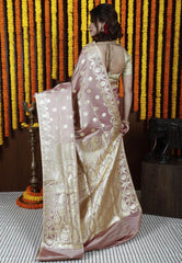 Neutral Beige Pastel Banarasi Silk Saree With Blouse Piece - Adi Akshoy & Co.