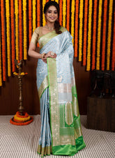 Light Blue with Parrot Green Border Pastel Banarasi Silk Saree With Blouse Piece - Adi Akshoy & Co.