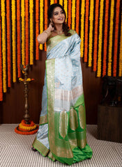 Light Blue with Parrot Green Border Pastel Banarasi Silk Saree With Blouse Piece - Adi Akshoy & Co.