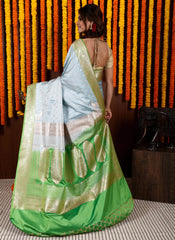 Light Blue with Parrot Green Border Pastel Banarasi Silk Saree With Blouse Piece - Adi Akshoy & Co.