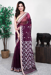 Purple Kora Silk Saree With Blouse Piece - Adi Akshoy & Co.