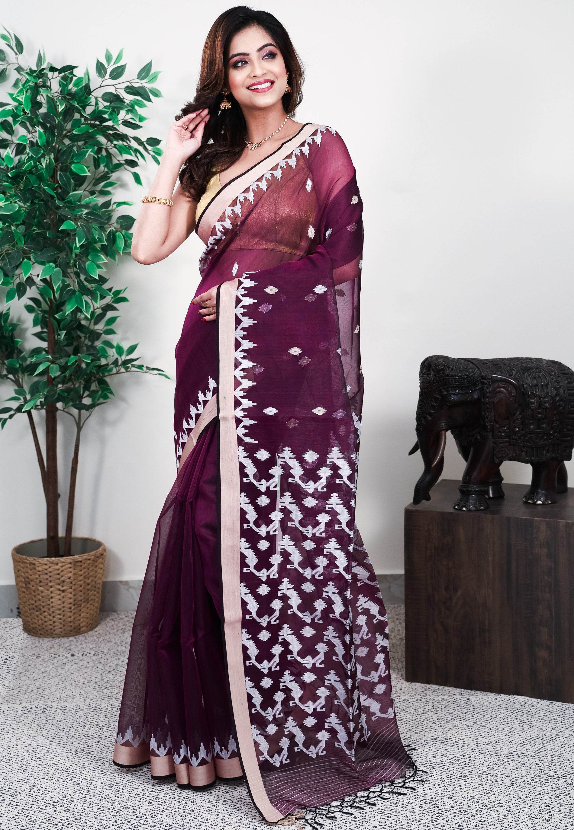 Purple Kora Silk Saree With Blouse Piece - Adi Akshoy & Co.