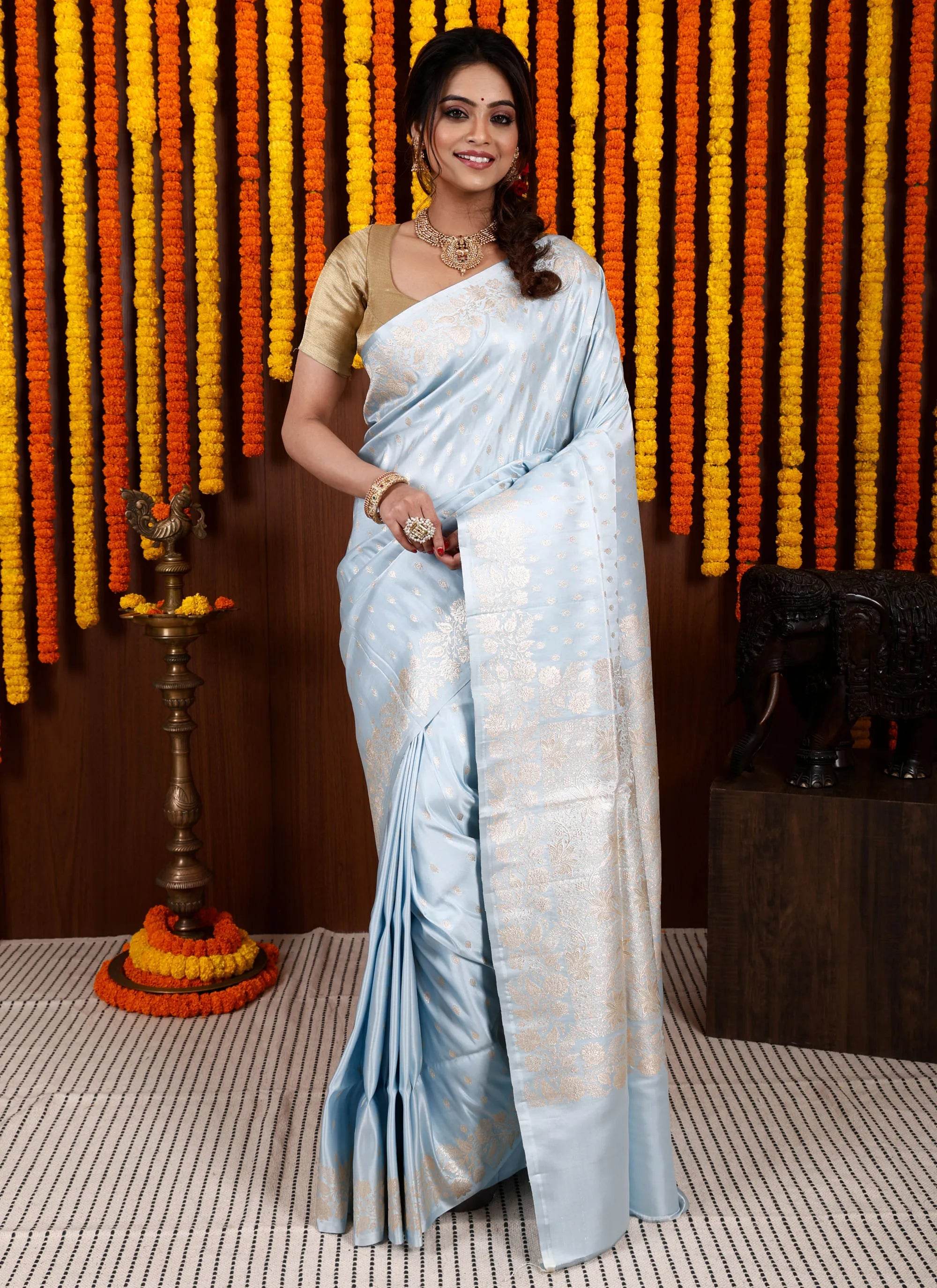 Light Blue Pastel Banarasi Silk Saree With Blouse Piece - Adi Akshoy & Co.