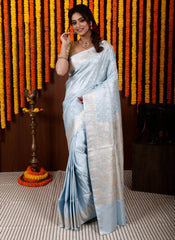 Light Blue Pastel Banarasi Silk Saree With Blouse Piece - Adi Akshoy & Co.