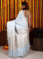 Light Blue Pastel Banarasi Silk Saree With Blouse Piece - Adi Akshoy & Co.