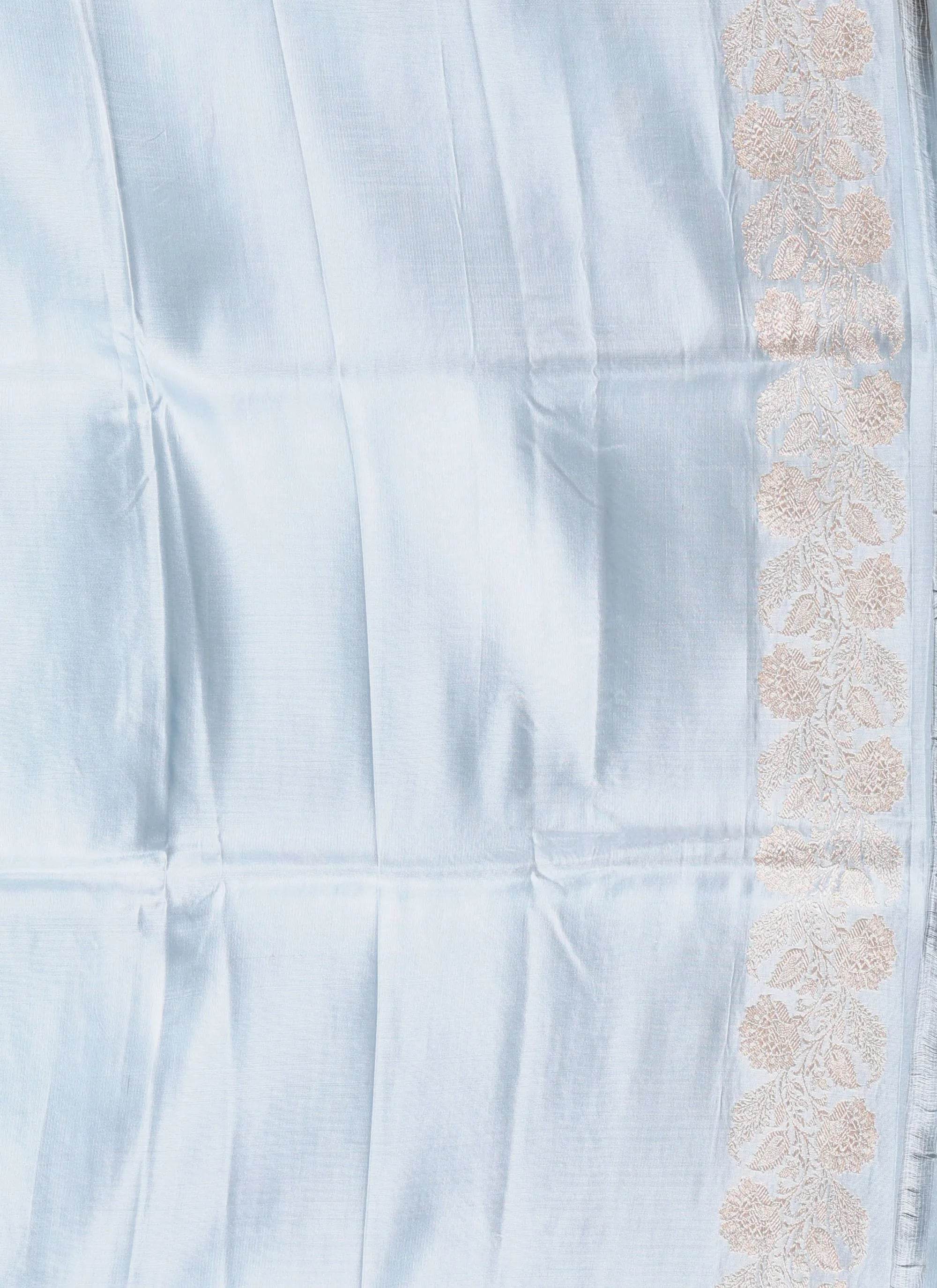 Light Blue Pastel Banarasi Silk Saree With Blouse Piece - Adi Akshoy & Co.