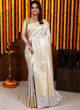 Grey Pastel Banarasi Silk Saree With Blouse Piece - Adi Akshoy & Co.