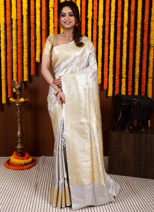 Grey Pastel Banarasi Silk Saree With Blouse Piece - Adi Akshoy & Co.