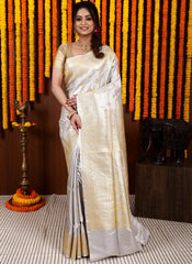 Grey Pastel Banarasi Silk Saree With Blouse Piece - Adi Akshoy & Co.