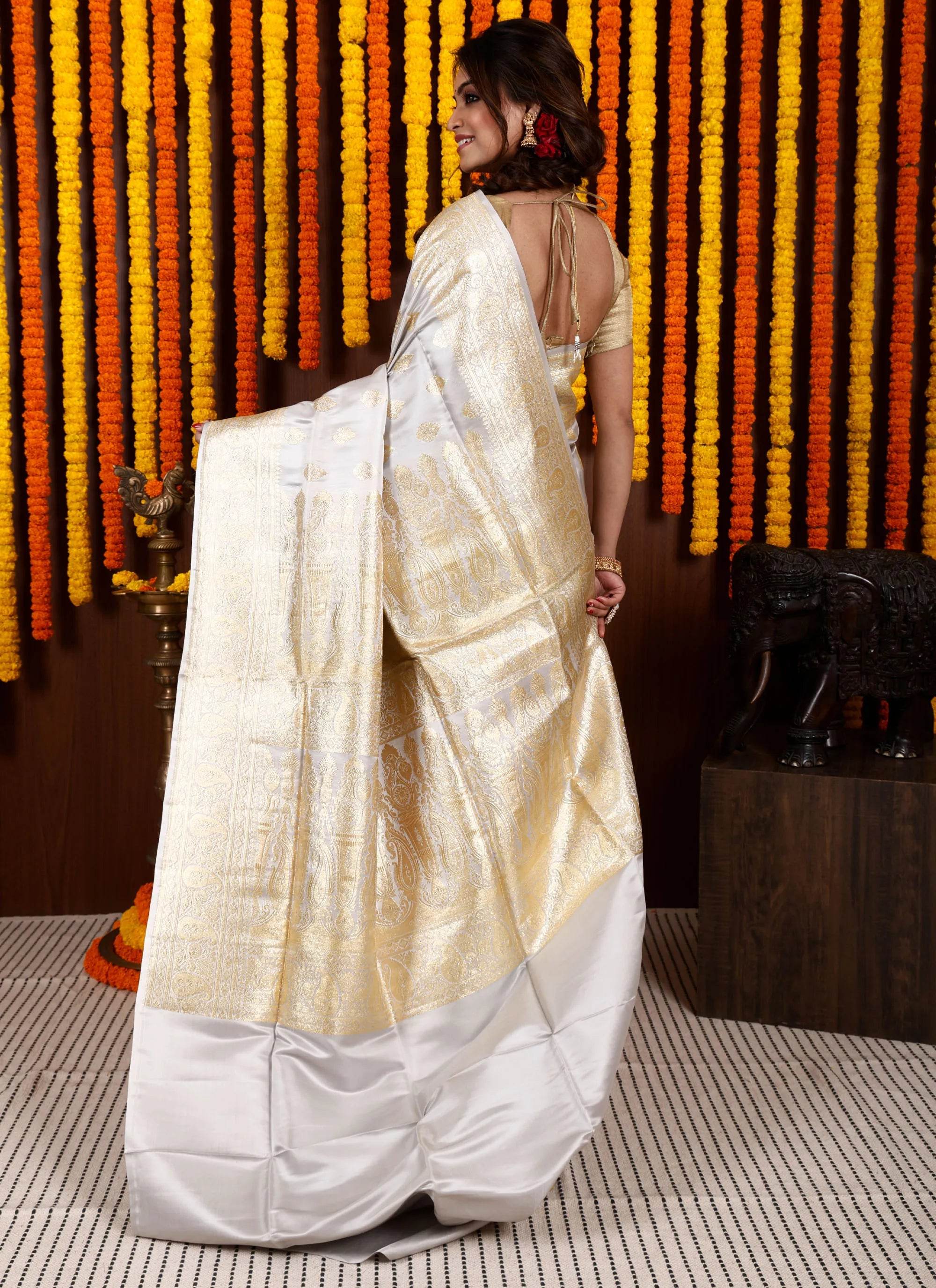 Grey Pastel Banarasi Silk Saree With Blouse Piece - Adi Akshoy & Co.