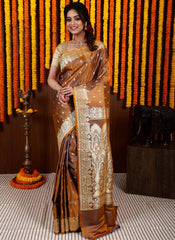Mustard Pastel Banarasi Silk Saree With Blouse Piece - Adi Akshoy & Co.