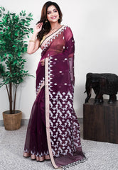 Purple Kora Silk Saree With Blouse Piece - Adi Akshoy & Co.