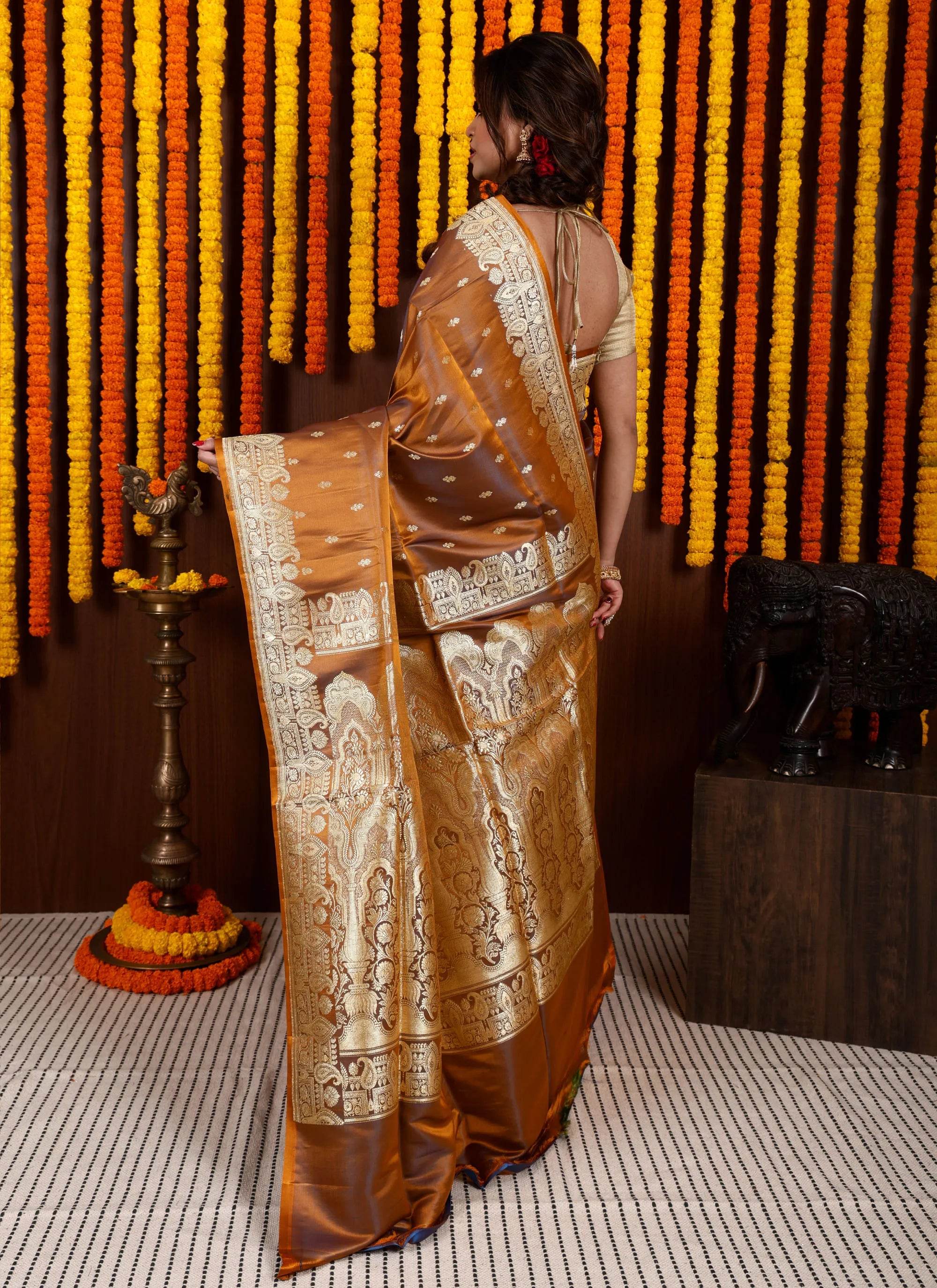 Mustard Pastel Banarasi Silk Saree With Blouse Piece - Adi Akshoy & Co.