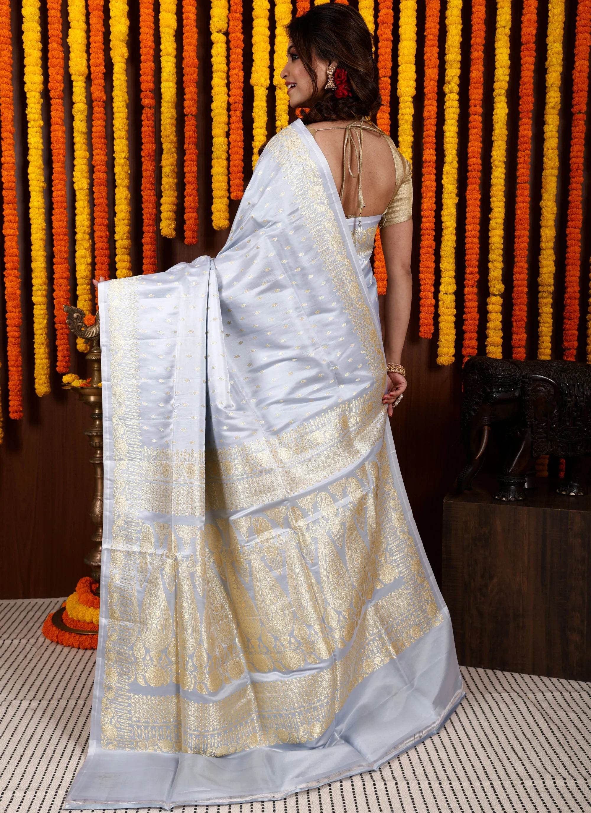 Light Grey Pastel Banarasi Silk Saree With Blouse Piece - Adi Akshoy & Co.