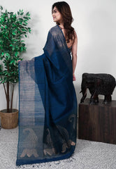 Turquoise Blue Kora Handloom Pure Silk Saree With Blouse Piece - Adi Akshoy & Co.