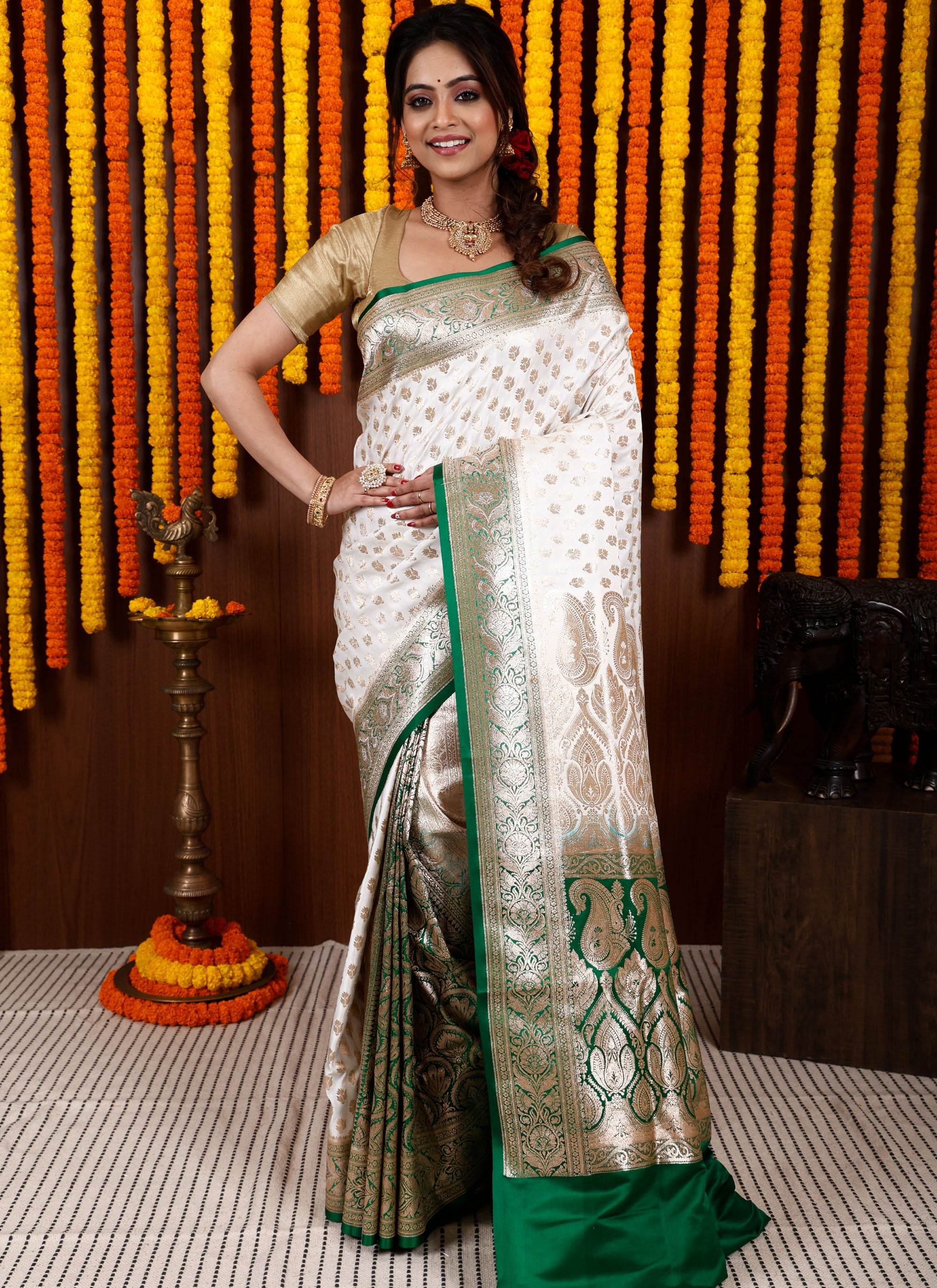 Off White with Green Border Korial Patli Banarasi Silk Saree With Blouse Piece - Adi Akshoy & Co.