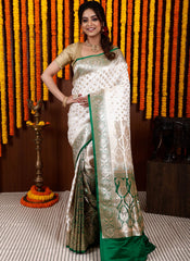 Off White with Green Border Korial Patli Banarasi Silk Saree With Blouse Piece - Adi Akshoy & Co.