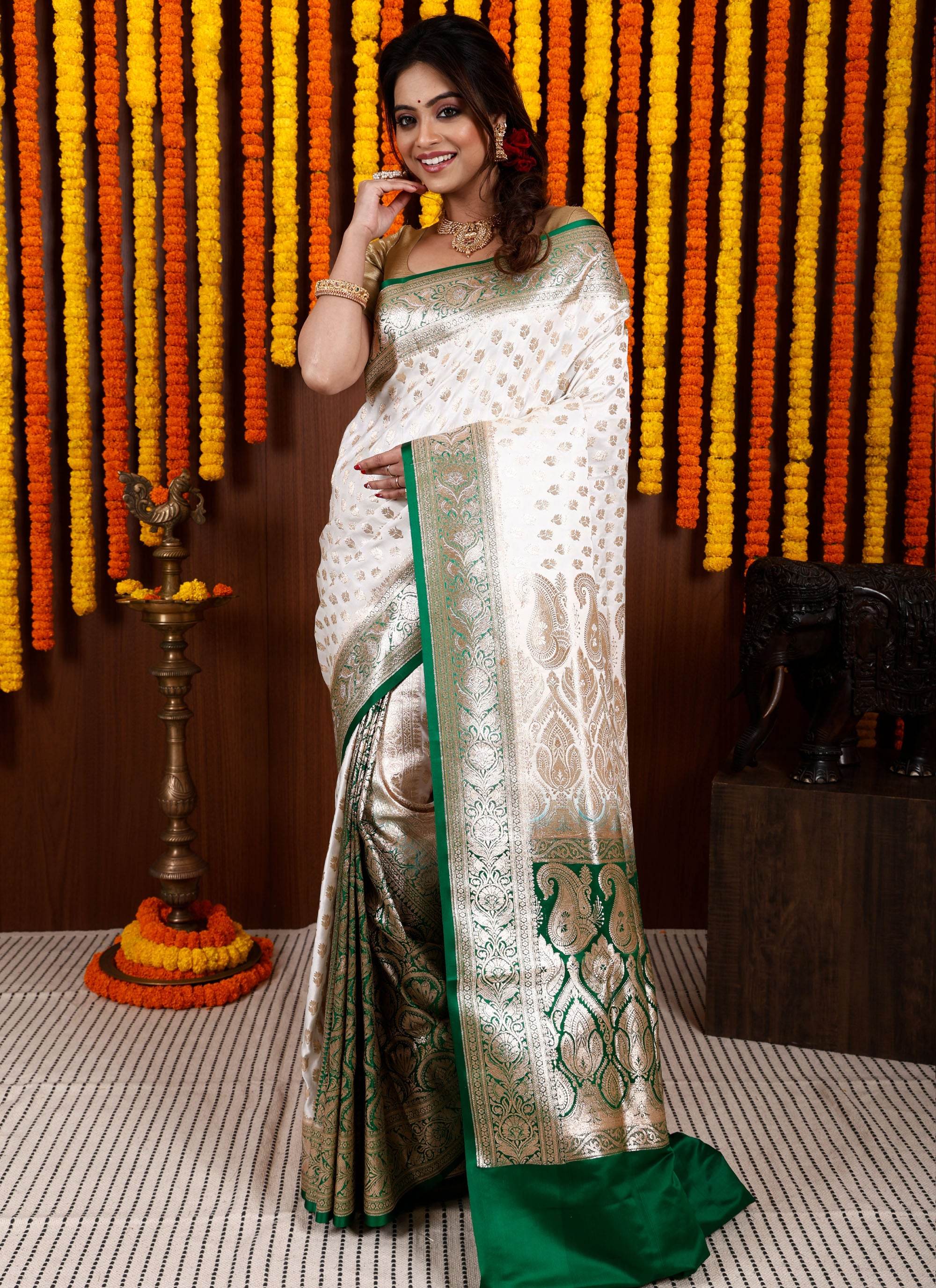 Off White with Green Border Korial Patli Banarasi Silk Saree With Blouse Piece - Adi Akshoy & Co.