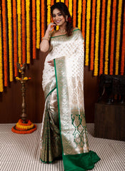 Off White with Green Border Korial Patli Banarasi Silk Saree With Blouse Piece - Adi Akshoy & Co.