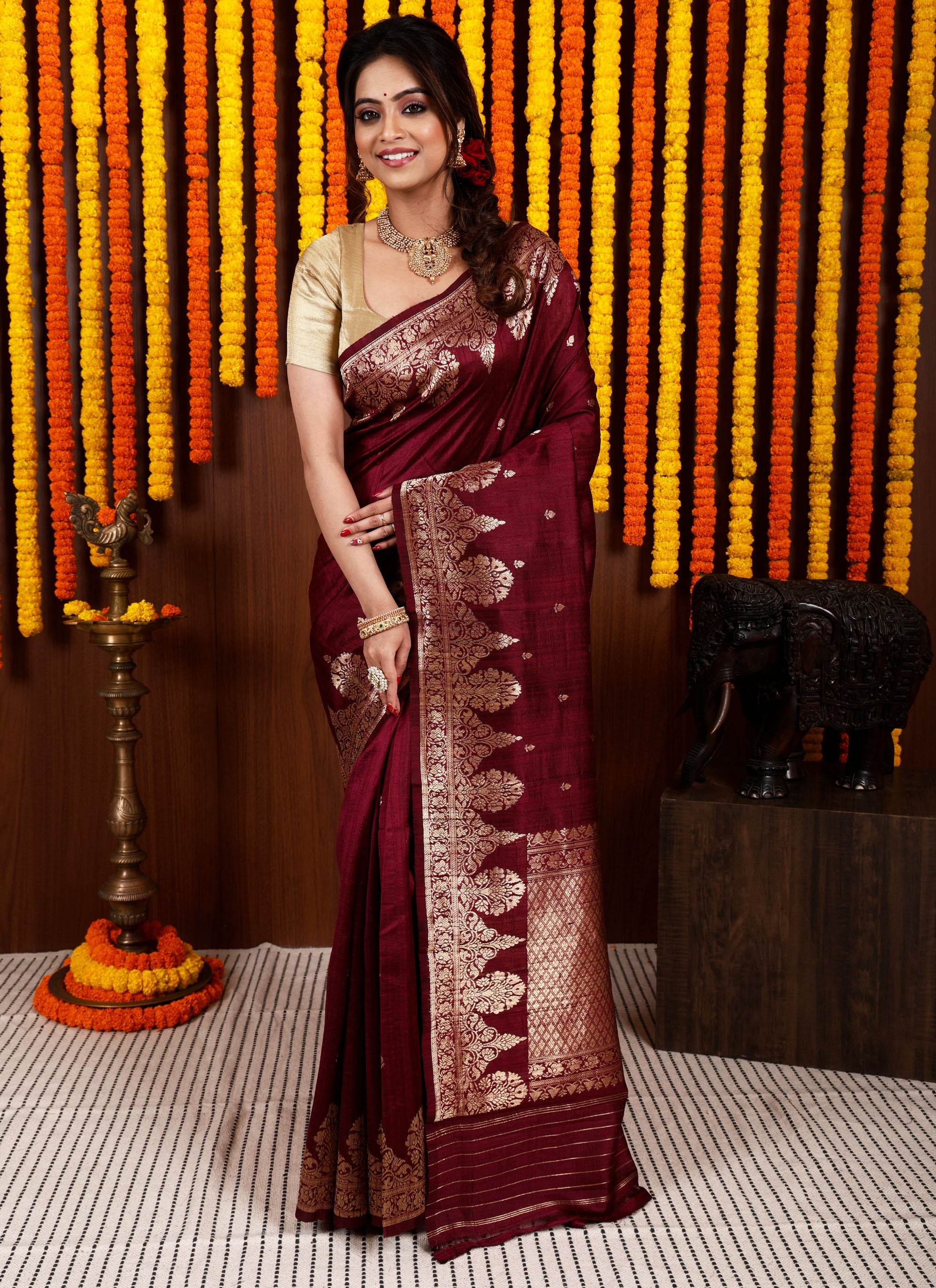 Maroon Tussar Pure Silk Saree with Blouse Piece - Adi Akshoy & Co.