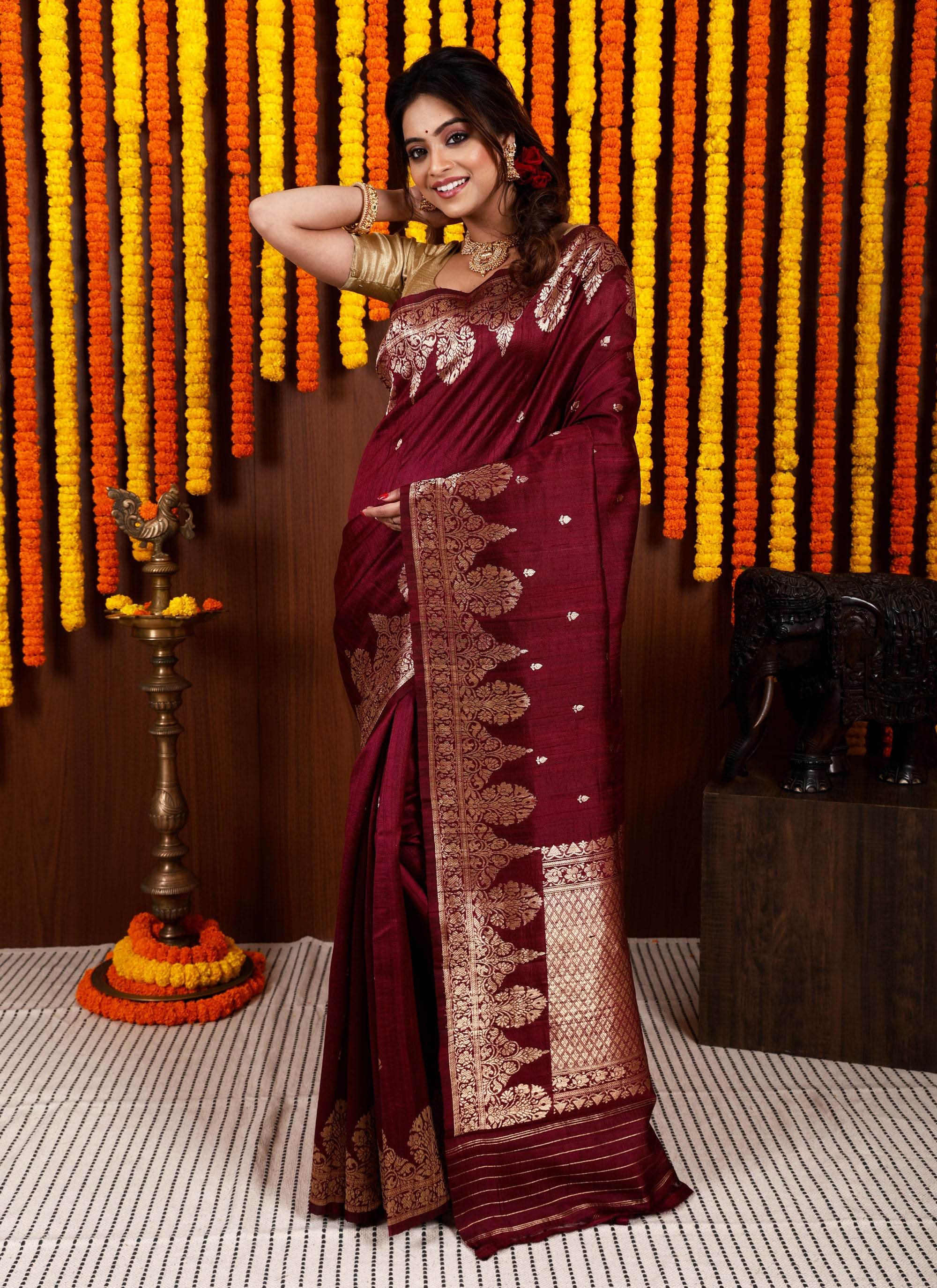 Maroon Tussar Pure Silk Saree with Blouse Piece - Adi Akshoy & Co.