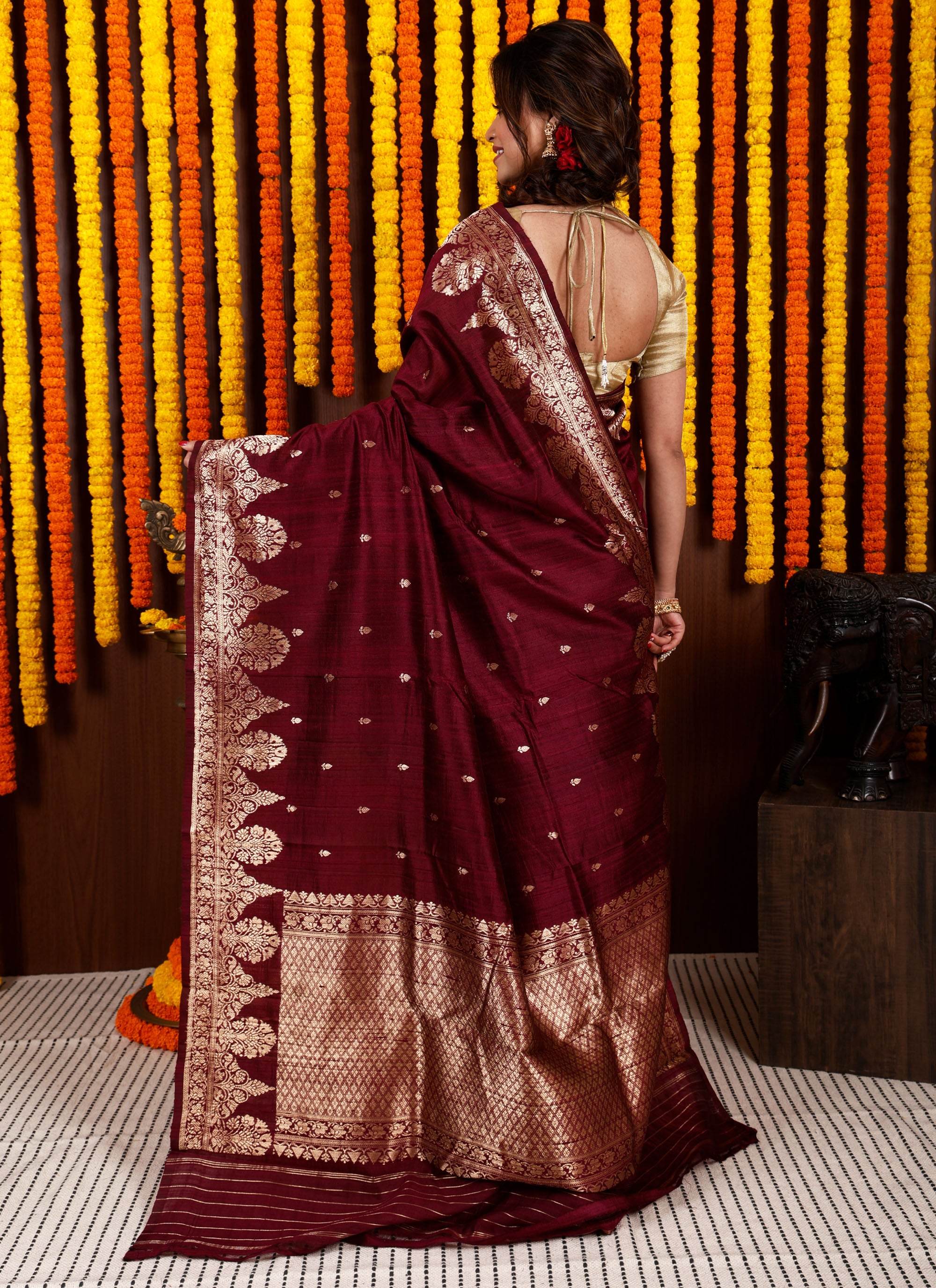 Maroon Tussar Pure Silk Saree with Blouse Piece - Adi Akshoy & Co.