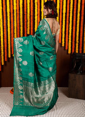 Blue Tussar Pure Silk Saree with Blouse Piece - Adi Akshoy & Co.