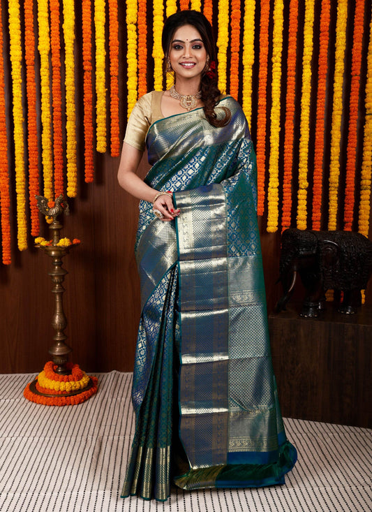 Peacock Blue Brocade Kanjivaram Silk Saree With Blouse Piece - Adi Akshoy & Co.