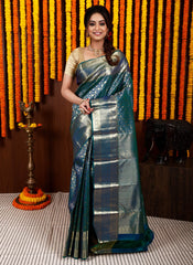 Peacock Blue Brocade Kanjivaram Silk Saree With Blouse Piece - Adi Akshoy & Co.