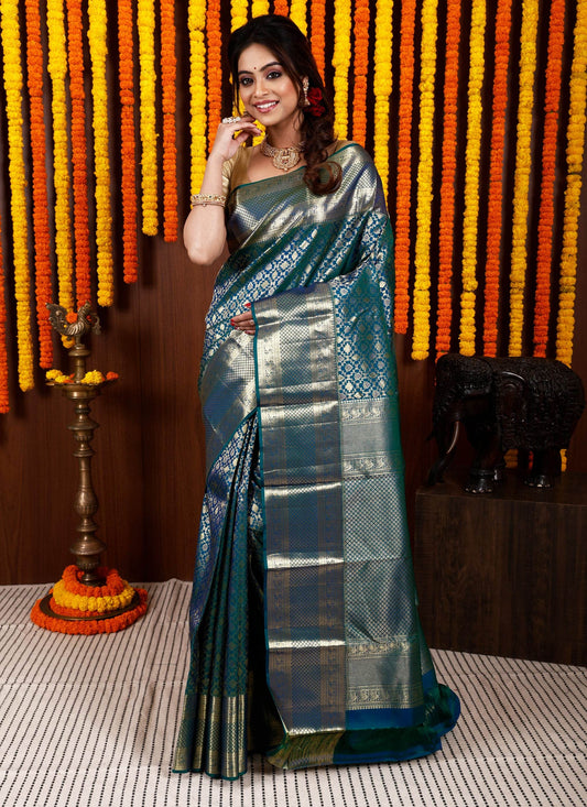 Peacock Blue Brocade Kanjivaram Silk Saree With Blouse Piece - Adi Akshoy & Co.