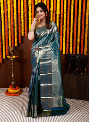 Peacock Blue Brocade Kanjivaram Silk Saree With Blouse Piece - Adi Akshoy & Co.