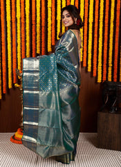 Peacock Blue Brocade Kanjivaram Silk Saree With Blouse Piece - Adi Akshoy & Co.