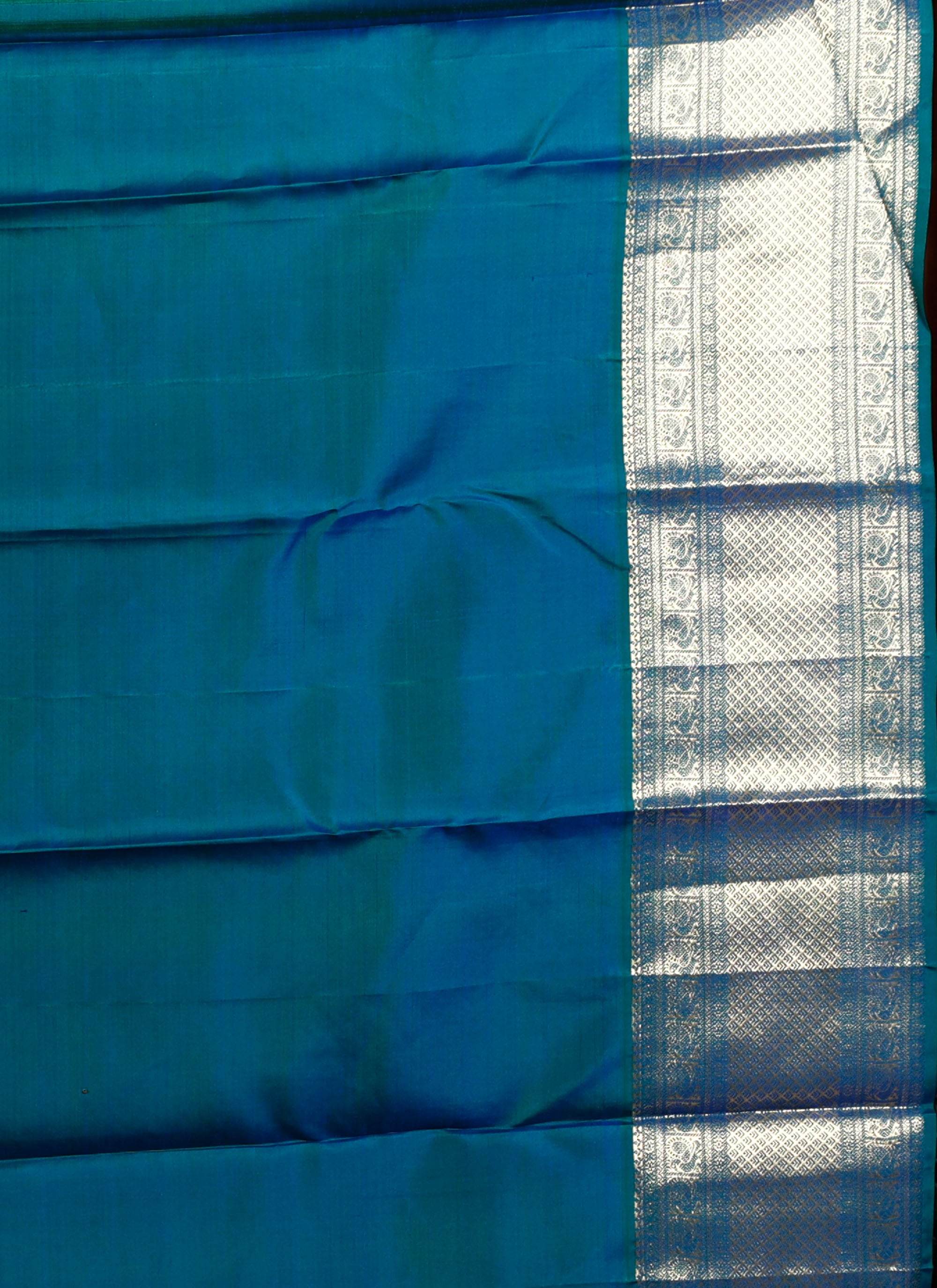 Peacock Blue Brocade Kanjivaram Silk Saree With Blouse Piece - Adi Akshoy & Co.