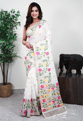 White Handloom Saree With Blouse Piece - Adi Akshoy & Co.