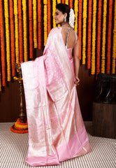 Pink Pastel Banarasi Silk Saree With Blouse Piece - Adi Akshoy & Co.