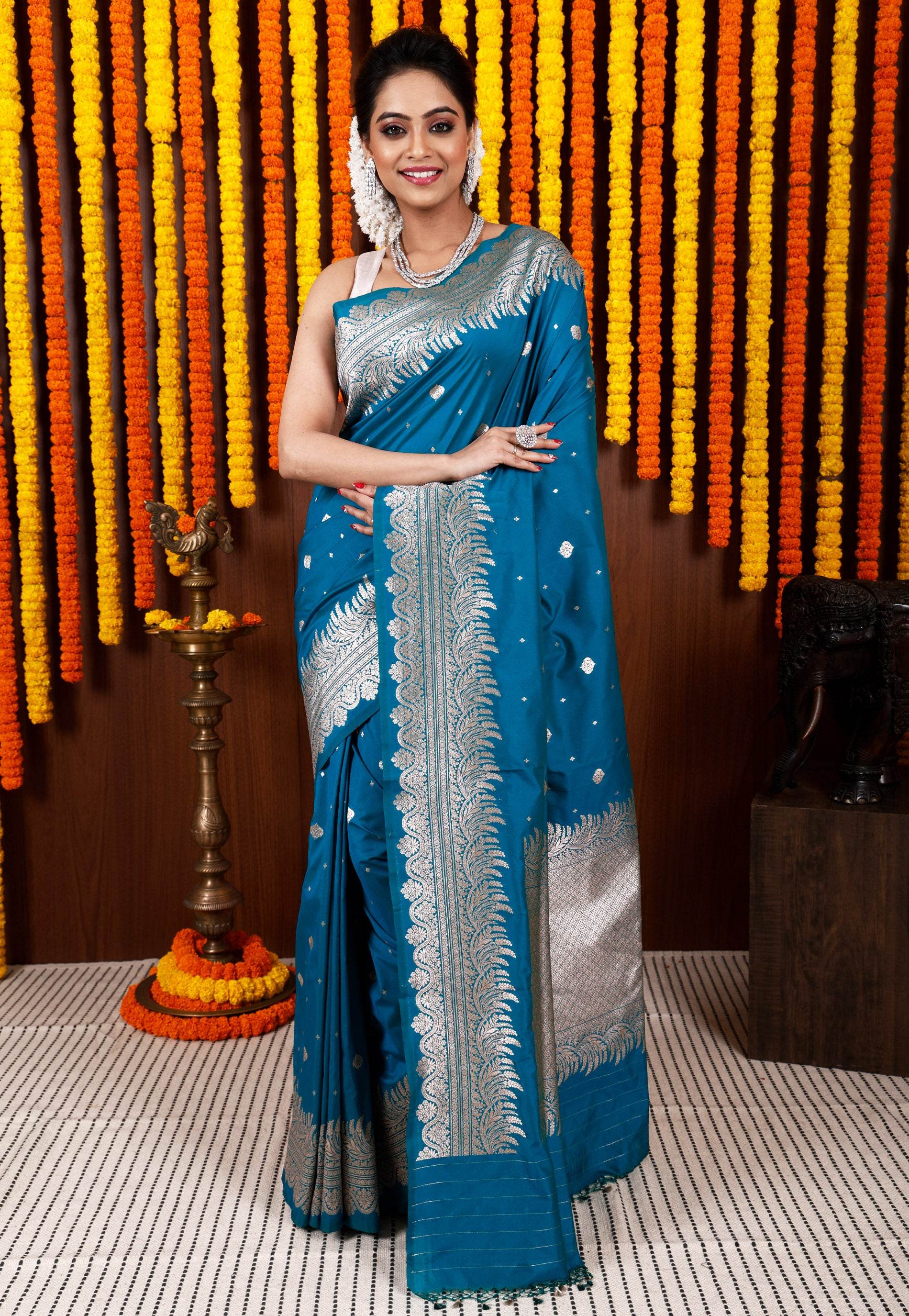 Feroza Blue Katan Silk Saree With Blouse Piece - Adi Akshoy & Co.