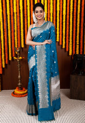 Feroza Blue Katan Silk Saree With Blouse Piece - Adi Akshoy & Co.