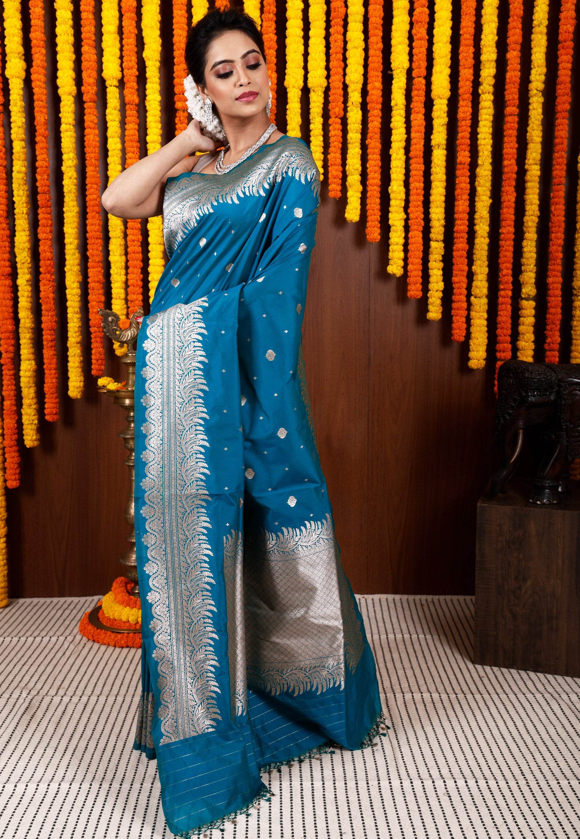 Feroza Blue Katan Silk Saree With Blouse Piece - Adi Akshoy & Co.
