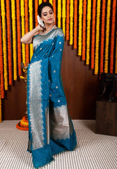 Feroza Blue Katan Silk Saree With Blouse Piece - Adi Akshoy & Co.