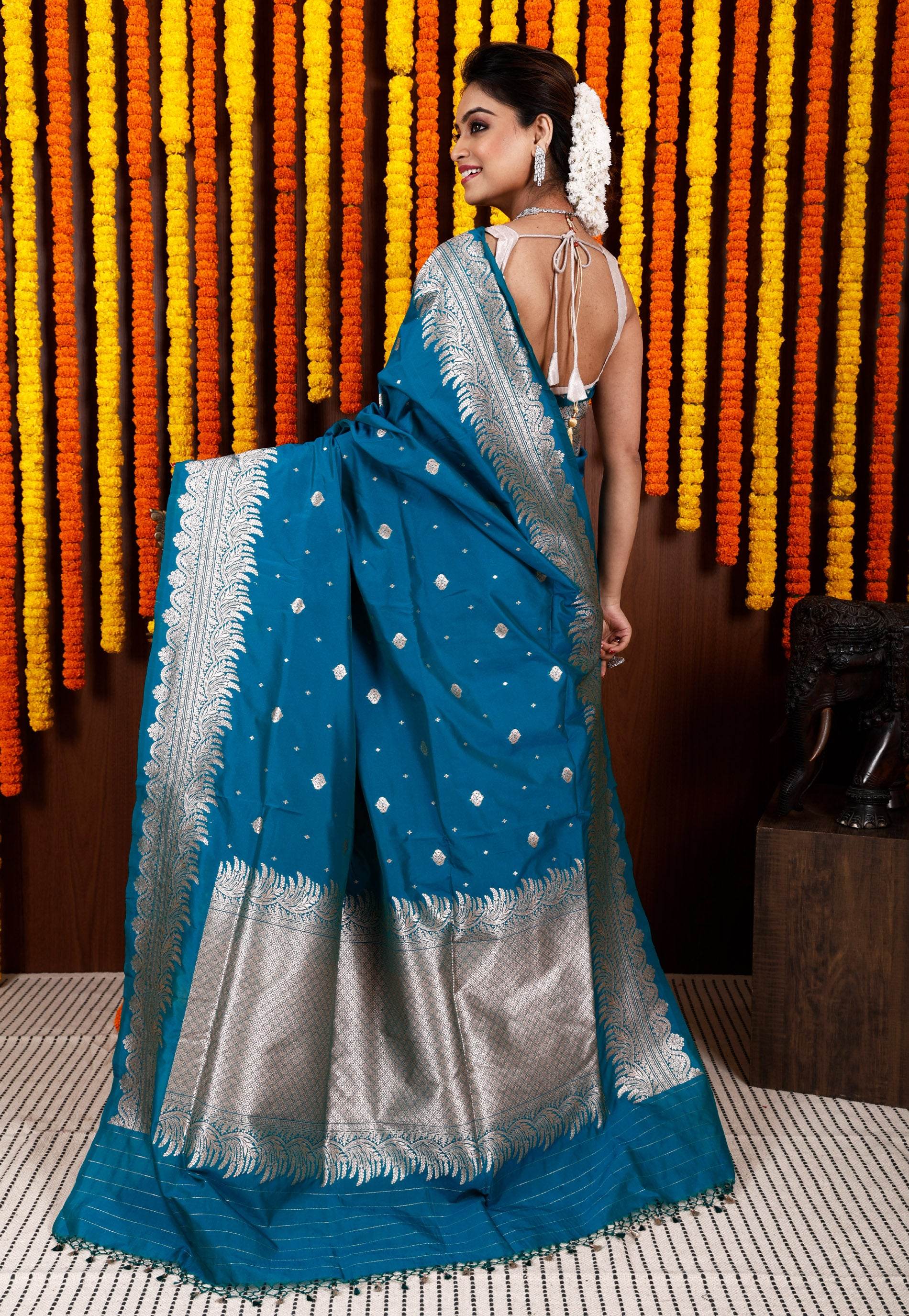 Feroza Blue Katan Silk Saree With Blouse Piece - Adi Akshoy & Co.